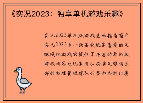 《实况2023：独享单机游戏乐趣》