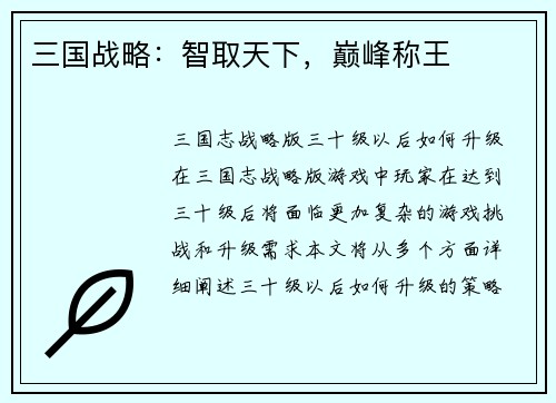 三国战略：智取天下，巅峰称王