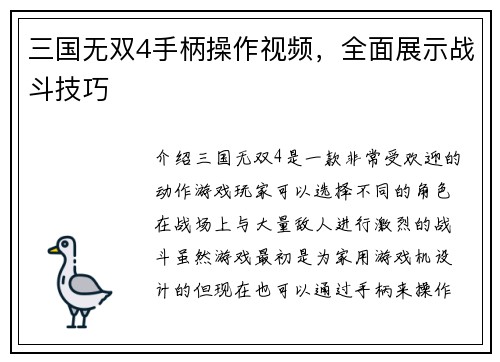 三国无双4手柄操作视频，全面展示战斗技巧