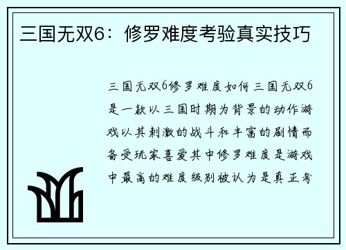三国无双6：修罗难度考验真实技巧